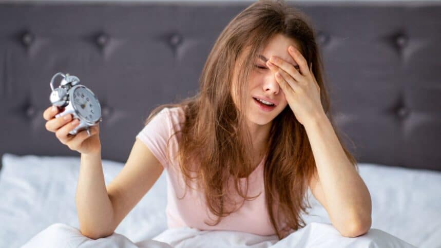 Woman unhappy after waking up exhausted