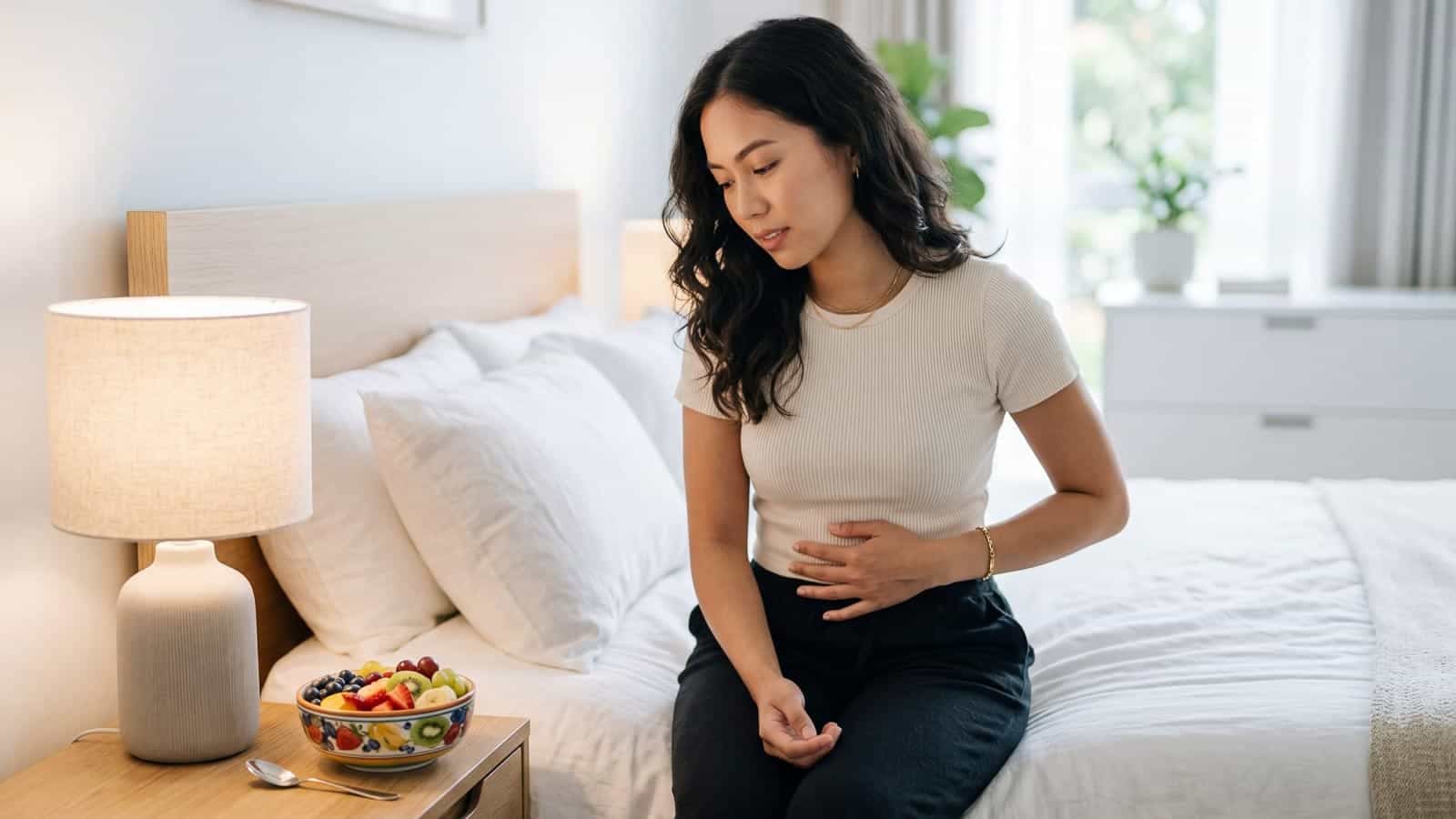 woman with bowl of fruit and stomach ache. ailikecreative via 123rf